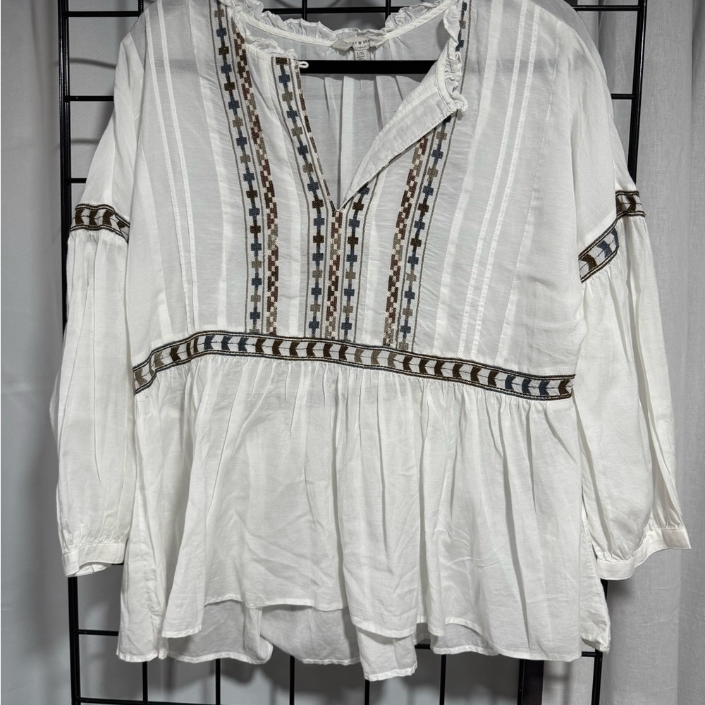 SOLD - Lucky Brand White Blouse with Blue and Brown Embroidery
